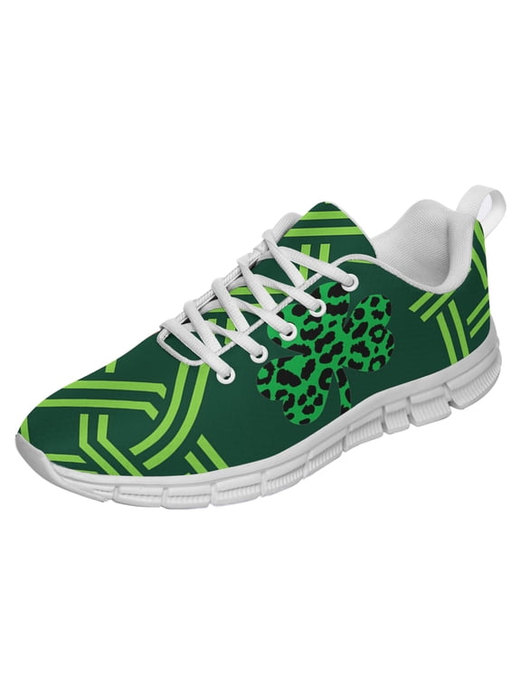 St Patricks Day Shoes for Women Breathable Running Sneakers Men Green Four Leaf Clover Shoes for Irish Festival Gift White Size 8.5