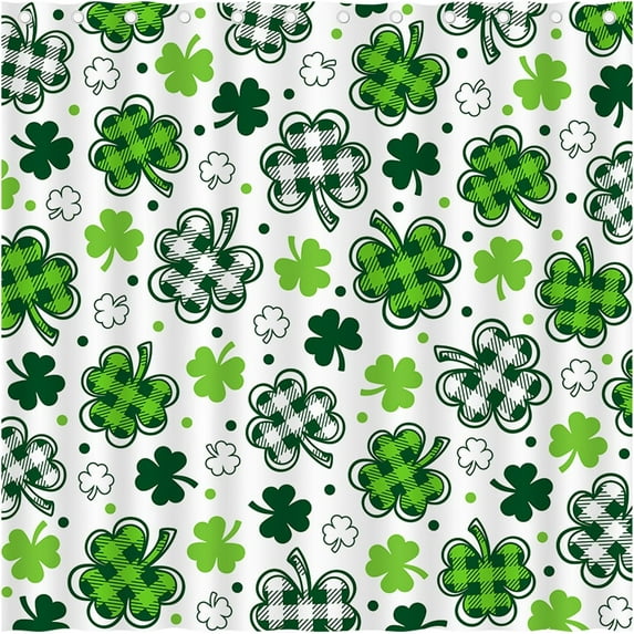 St. Patricks Day Shower Curtain, Green Clover Irish Shamrock Happy St. Patricks Day Shower Curtains for Bathroom, Clover Leaf Buffalo Check Decorative Bath Curtain Set with 12 Hooks, 72x72 Inches