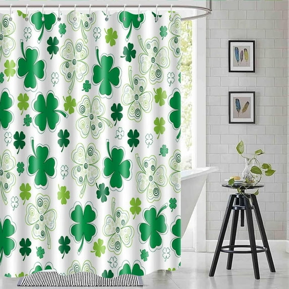 St. Patricks Day Shower Curtain, Green Clover Shamrock Leaf Decor Fabric Shower Curtains, Irish Green Leaf White Bathroom Shower Curtain Set with Hooks 72” x 72“