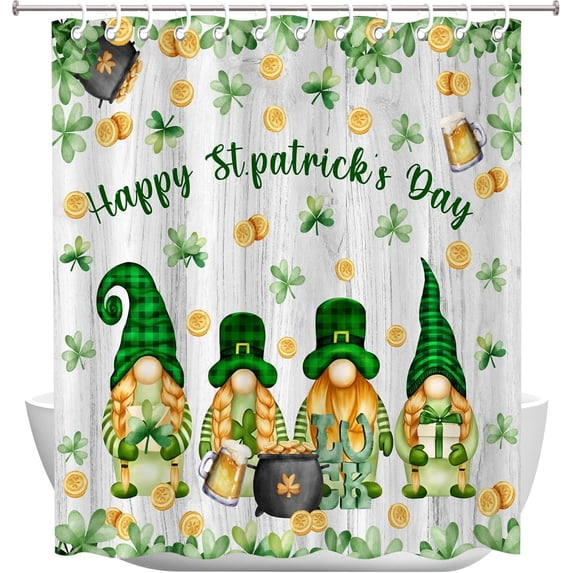 St Patricks Day Shower Curtain, Saint Patricks Day Decorations Green Clover Shamrock Leaf Irish Decor Waterproof Bathroom Shower Curtain Set with 12 Hooks 72 x 72 Inches