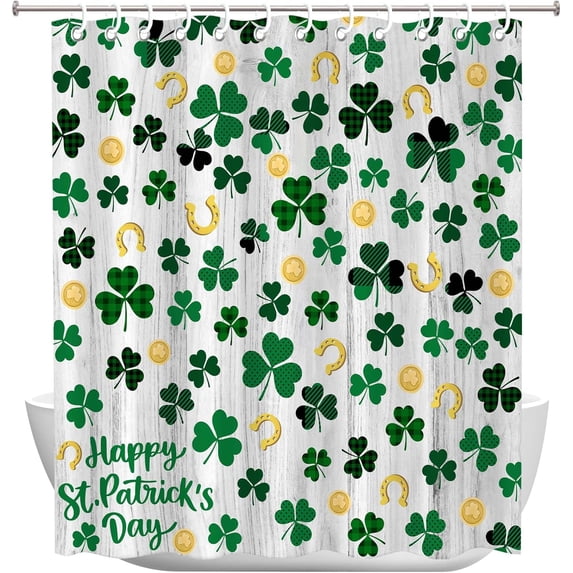 St Patricks Day Shower Curtain, Saint Patricks Day Decorations Green Clover Shamrock Leaf Irish Decor Waterproof Bathroom Shower Curtain Set with 12 Hooks 72 x 72 Inches
