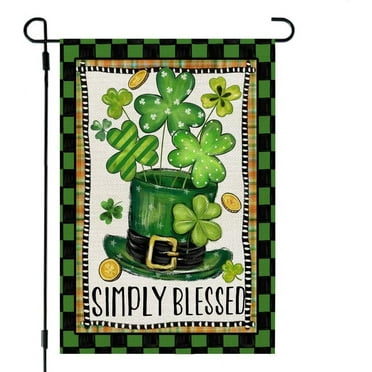 St Patricks Day Simply Blessed Garden Flag 12x18 Inch Double Sided for Outside Small Burlap Green Shamrocks Yard Flag