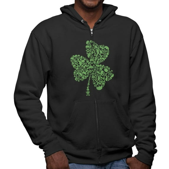 St. Patricks Day Skull Shamrock Mens Full Zip Hoodie Black 2XL