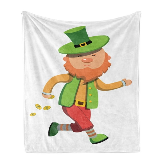 St Patricks Day Soft Flannel Fleece Blanket, Leprechaun with Gold Coins Irish Folk Magic Character Celtic Myth Cartoon, Cozy Plush for Indoor and Outdoor Use, 60" x 80", Multicolor, by Ambesonne