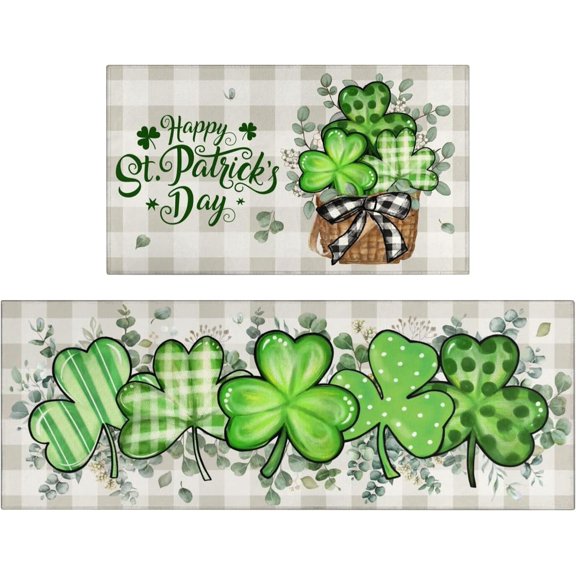 St Patricks Day Spring Kitchen Rugs and Mats Set of 2,Lucky Shamrocks Clovers Eucalyptus Leaves Buffalo Plaid Farmhouse Non Slip Washable Floor Sink Mats Decorations for Home Kitchen 18"x48"+18"x30"