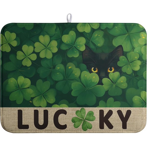 St Patricks Day Spring Shamrock Dish Drying Mats St Patrick''s Day Dish Mat Cute Cat Drying Matt Dishes Dryer Pad for Kitchen Counter Absorbent Microfiber Washable Foldable Reusable 18x24 in