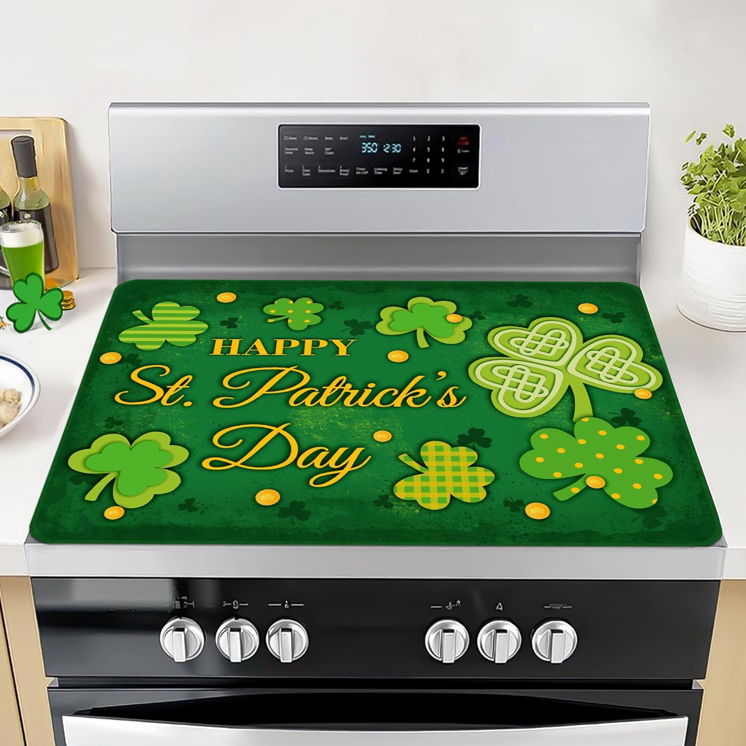 St Patricks Day Stove Cover, 20x28 In Lucky Stove Top Covers For Electric Stove Green Home Decor Glass Stove Top Mat Heat Resist Gas Range Mat Party Stove Top Protector Spring Kitchen Cooktop Pad