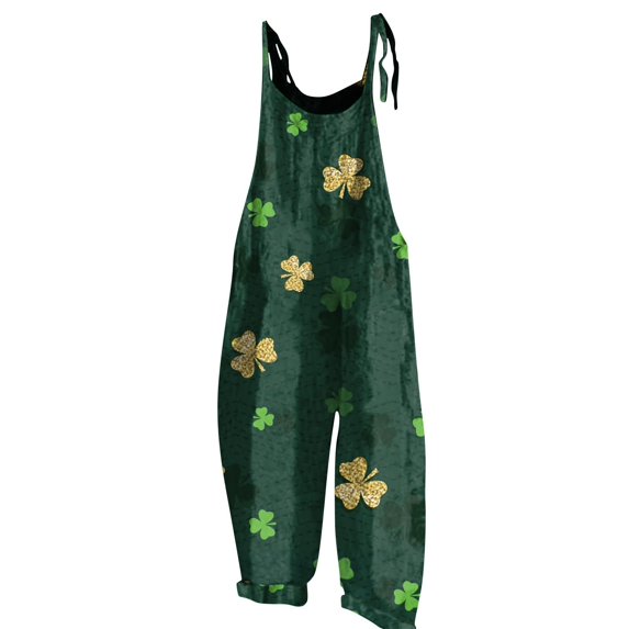 St Patricks Day -Stylish Floral Print V-Neck Wide Leg Jumpsuit With Adjustable Straps For Women'S Casual Daily Outfit