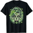 thumbnail image 1 of St Patricks Day Sugar Skull Messy Bun Irish Shamrock Green T-Shirt, 1 of 5