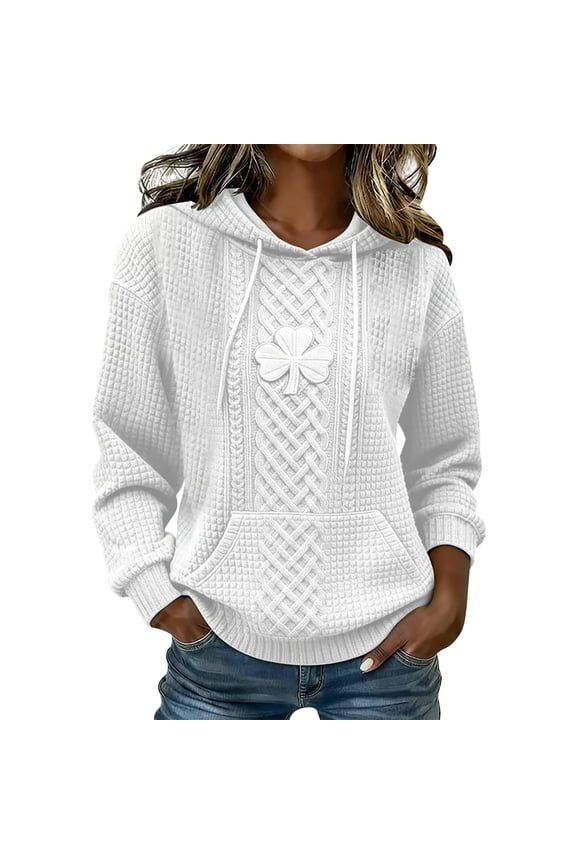 St Patricks Day Sweater Women 3d Print Shamrock & Celtic Knot Pattern Shirts with Front Pocket 2026 Summer Casual Solid Color Pullover Sweatshirt Long Sleeve Saint Patty's Hoodie White 2XL