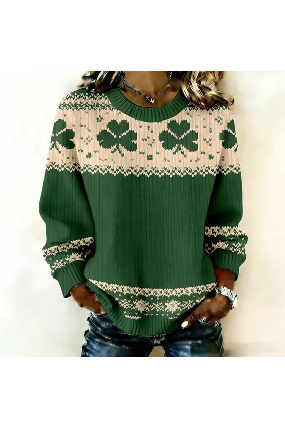 St Patricks Day Sweater Women Clover Shamrock Ribbed Knit Soft Sweatshirts Crew Neck Long Sleeve Irish Ireland Tops Fall Winter Green XXXL