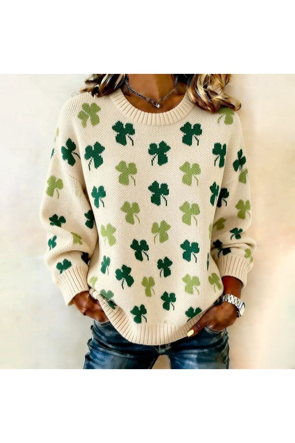 St Patricks Day Sweater Women Shamrock Clover Sweatshirts Crew Neck Long Sleeve Knit Irish Ireland Pullover Tops Beige XXL