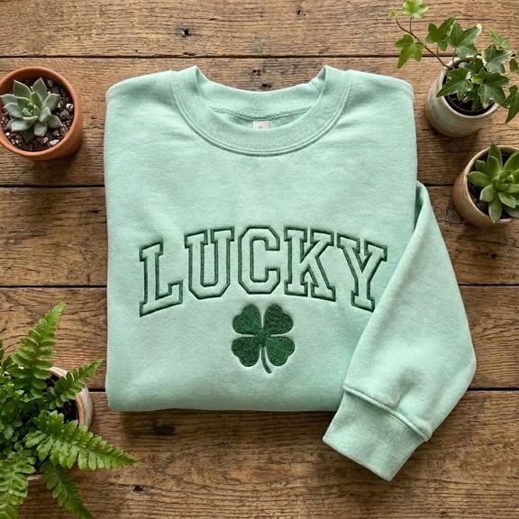 St Patricks Day Sweatshirt, Embroidered Lucky Crewneck, Shamrock Hoodie, Irish Green Shirt, Four Leaf Clover Gift, Varsity Style Top