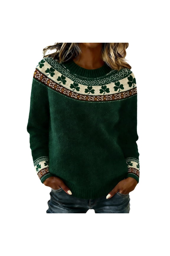 St Patricks Day Sweatshirt Women Crew Neck Sweater Shamrock Clover Irish Ireland Oversized Knit Long Sleeve Tops Dark Green XL