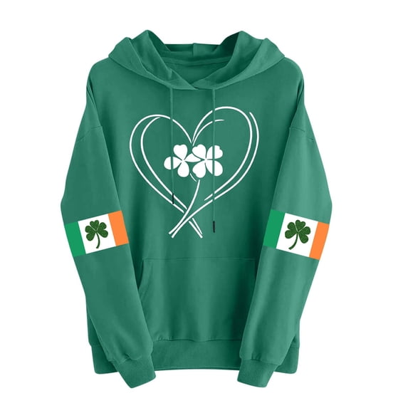 St Patricks Day Sweatshirt Women Heart Shamrock Shirt Irish Green Hoodies Long Sleeve Drop Shoulder Tops Cute Pullover with Pocket