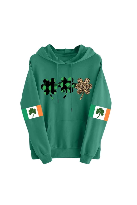 St Patricks Day Sweatshirt Women Heart Shamrock Shirt Irish Green Hoodies Long Sleeve Drop Shoulder Tops Cute Pullover with Pocket
