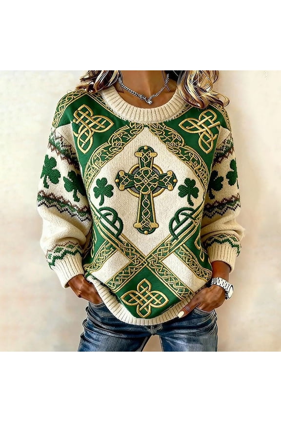 St Patricks Day Sweatshirt Women Relaxed Fit Clover Knit Sweater Crew Neck Long Sleeve Shamrock Irish Ireland Tops Green XXL