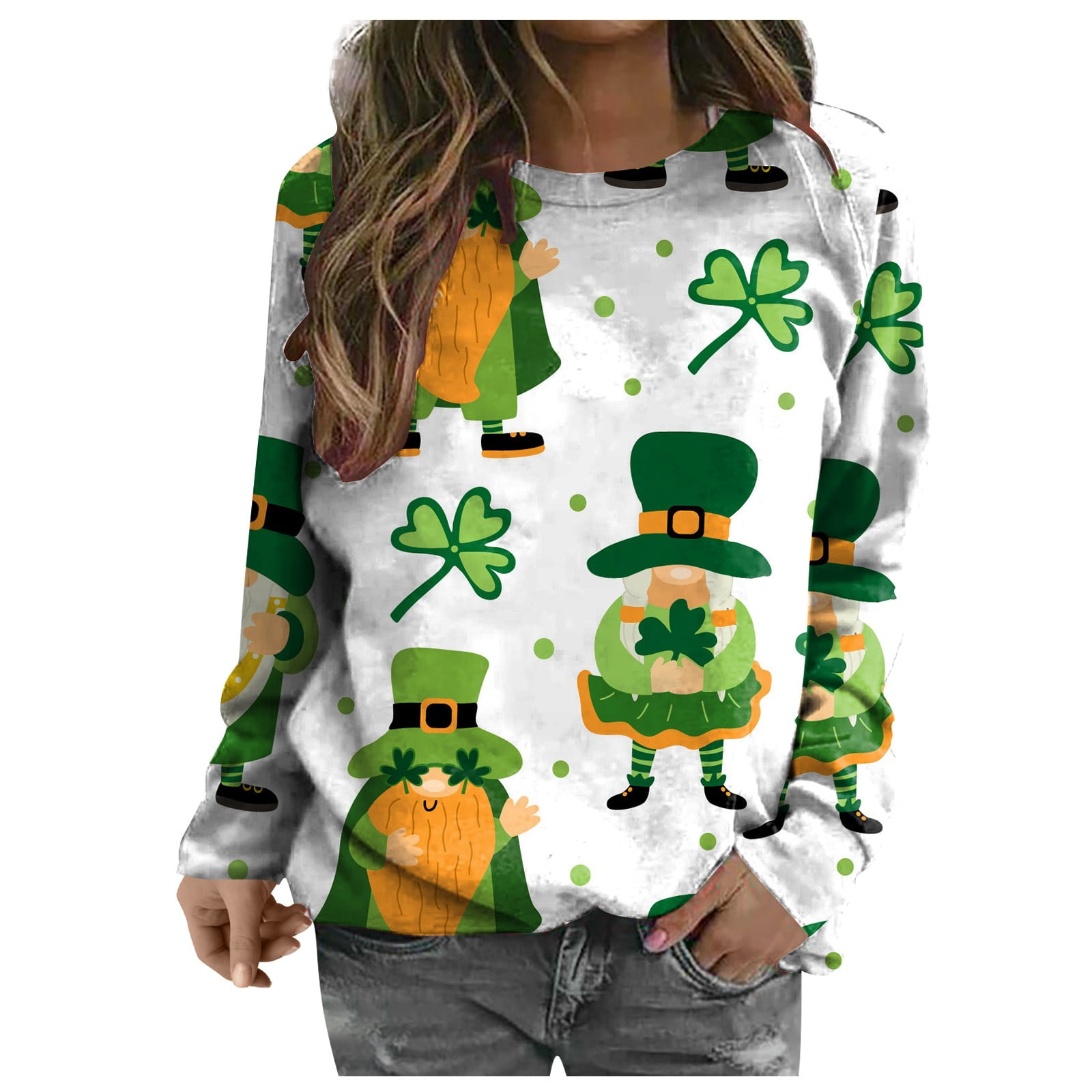 St Patricks Day Sweatshirt For Women Womens Shamrock Print Long Sleeve Sweatshirt Casual Round 4026