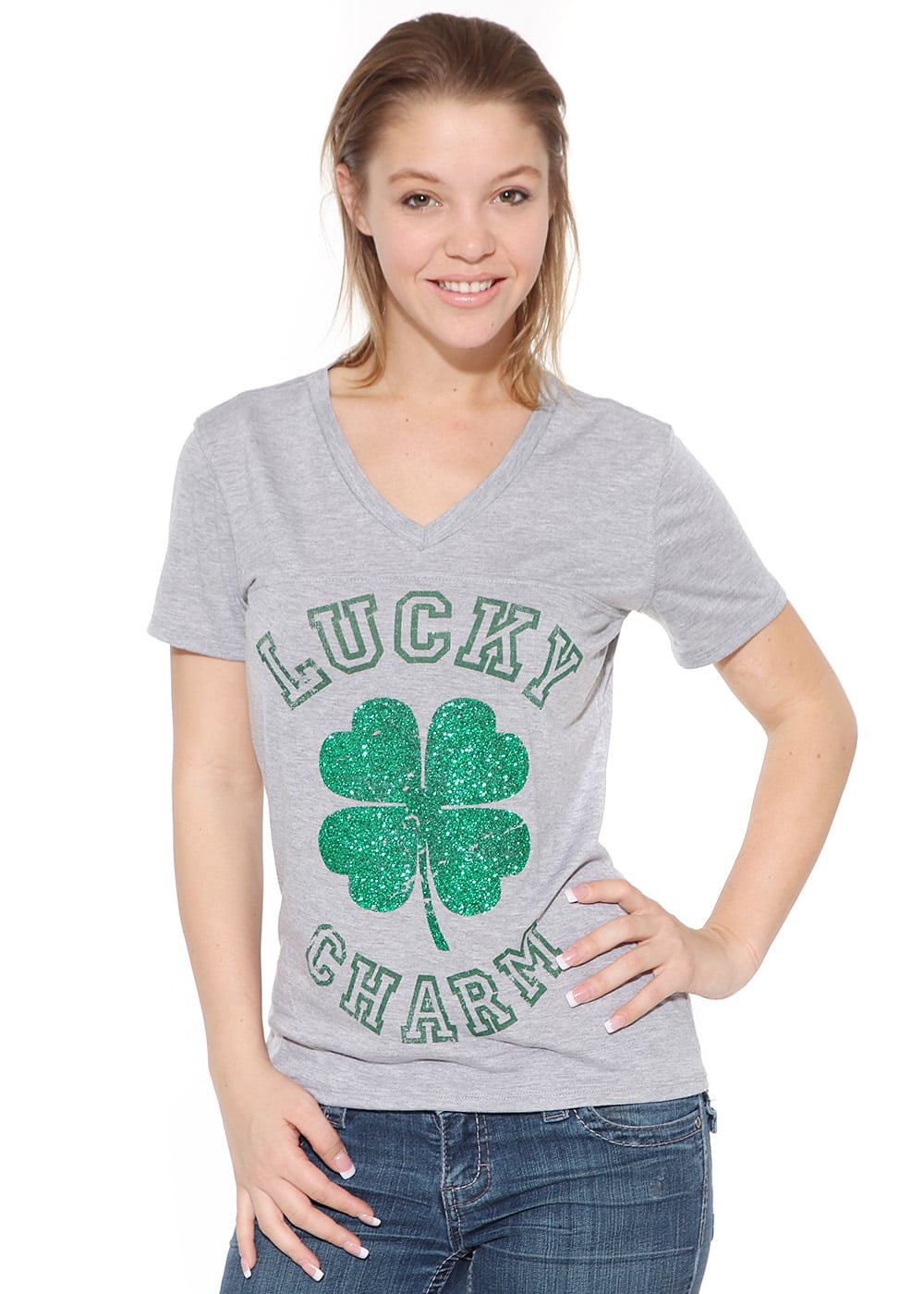 St Patricks Day T-Shirt Lucky Charm Green Glitter Shamrock Juniors