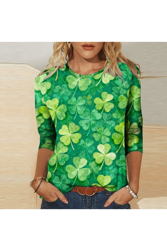St Patricks Day T Shirts for Women Oversized Crewneck 3/4 Length Sleeve Shirt Top Summer Casual Round Neck Irish Shamrocks Print Plus Size Loose Fits Comfy Soft Tee Shirt