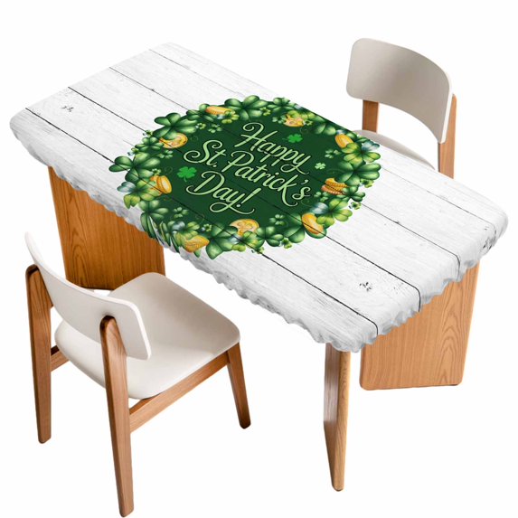 St Patricks Day Table Cloths for 3 Foot Rectangle Tables, Spring Gold Coin Green Shamrock Wooden Grain Patio Waterproof Elastic Fitted Tablecloths, Washable Rectangular Table Cover for Camping
