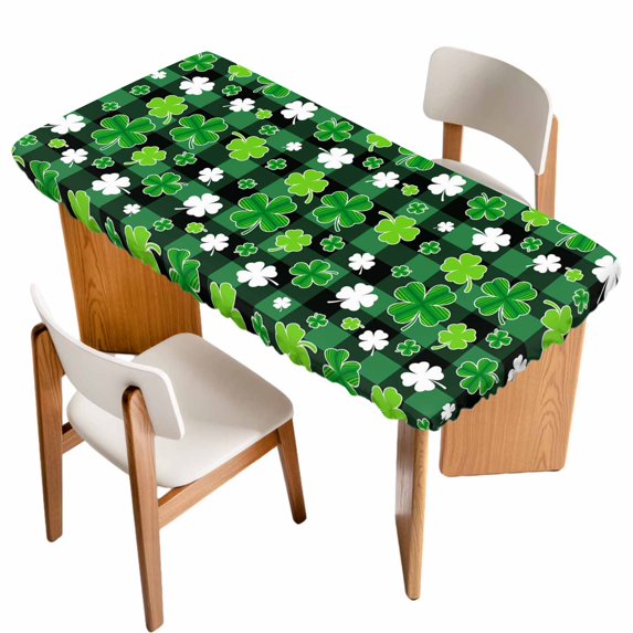 St Patricks Day Table Cloths for 4 Foot Rectangle Tables, Spring Country Green Shamrock Plaid Patio Waterproof Elastic Fitted Tablecloths, Washable Rectangular Table Cover for Camping
