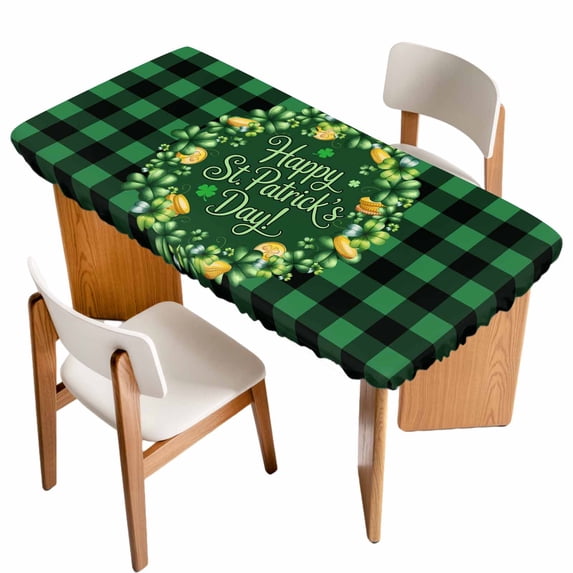 St Patricks Day Table Cloths for 4 Foot Rectangle Tables, Spring Gold Coin Green Shamrock Plaid Patio Waterproof Elastic Fitted Tablecloths, Washable Rectangular Table Cover for Camping