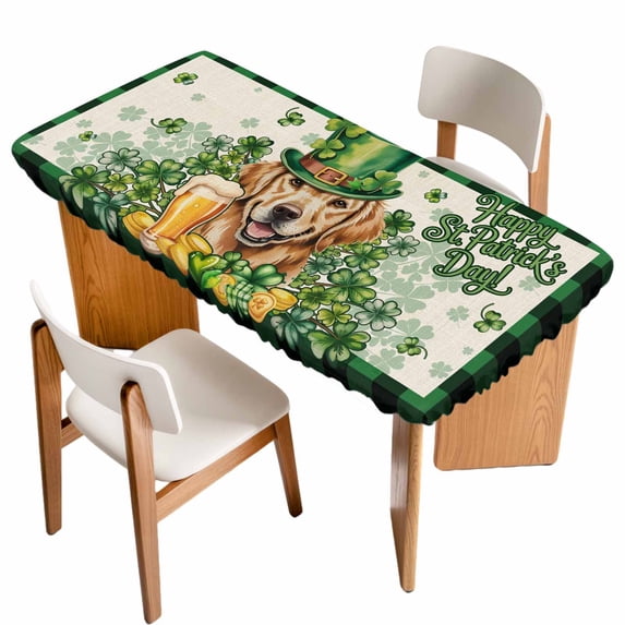 St Patricks Day Table Cloths for 5 Foot Rectangle Tables, Farmhouse Watercolor Dogs Green Shamrock Patio Waterproof Elastic Fitted Tablecloths, Washable Rectangular Table Cover for Camping