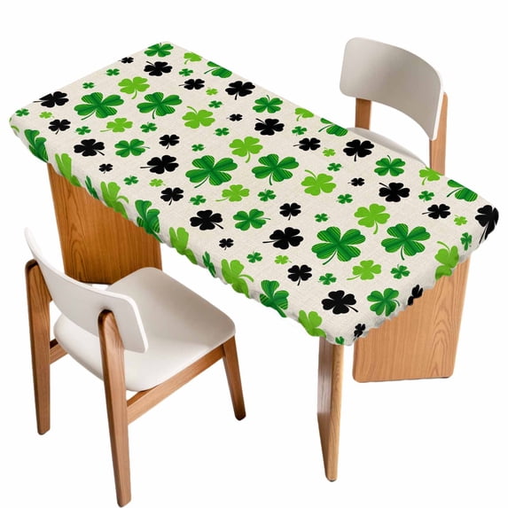 St Patricks Day Table Cloths for 6 Foot Rectangle Tables, Farmhouse Country Green Black Shamrock Patio Waterproof Elastic Fitted Tablecloths, Washable Rectangular Table Cover for Camping