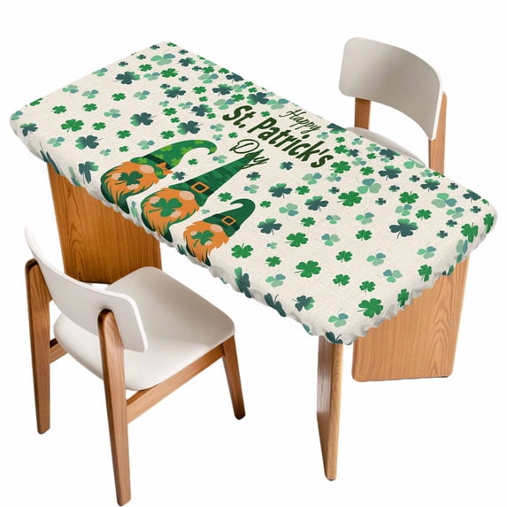 St Patricks Day Table Cloths for 6 Foot Rectangle Tables, Green Shamrock Spring Watercolor Gnomes Beige Patio Waterproof Elastic Fitted Tablecloths, Washable Rectangular Table Cover for Camping