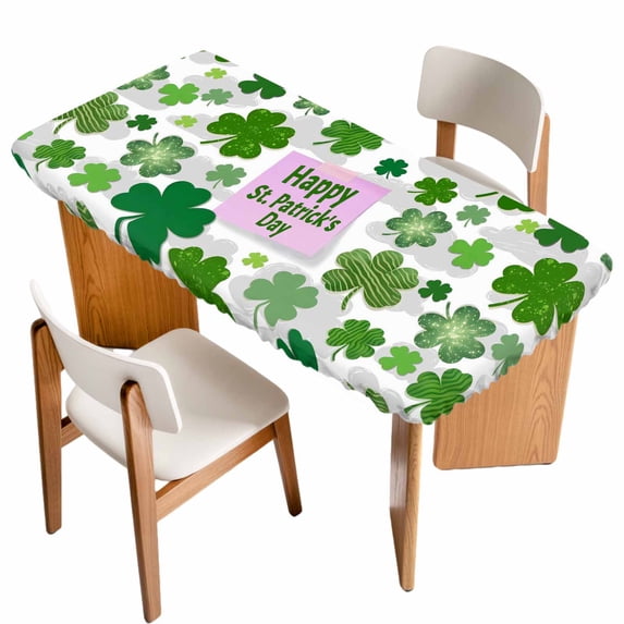 St Patricks Day Table Cloths for 6 Foot Rectangle Tables, Shamrock Grey Green Spring Modern Leaf Patio Waterproof Elastic Fitted Tablecloths, Washable Rectangular Table Cover for Camping