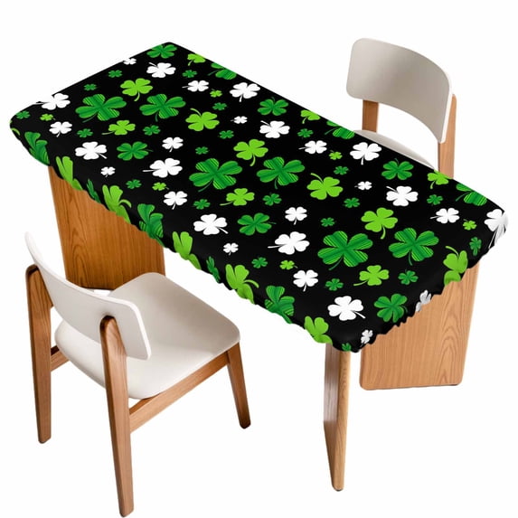 St Patricks Day Table Cloths for 6 Foot Rectangle Tables, Spring Farmhouse Country Green Shamrock Patio Waterproof Elastic Fitted Tablecloths, Washable Rectangular Table Cover for Camping