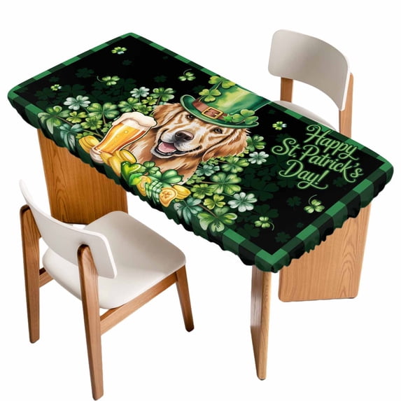 St Patricks Day Table Cloths for 6 Foot Rectangle Tables, Watercolor Dogs Green Shamrock Plaid Patio Waterproof Elastic Fitted Tablecloths, Washable Rectangular Table Cover for Camping