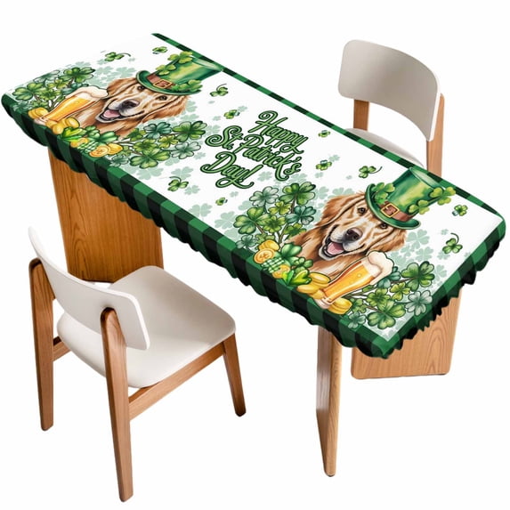 St Patricks Day Table Cloths for 8 Foot Rectangle Tables, Modern Watercolor Dogs Green Shamrock Patio Waterproof Elastic Fitted Tablecloths, Washable Rectangular Table Cover for Camping