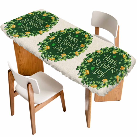 St Patricks Day Table Cloths for 8 Foot Rectangle Tables, Spring Gold Coin Green Shamrock on Linen Patio Waterproof Elastic Fitted Tablecloths, Washable Rectangular Table Cover for Camping