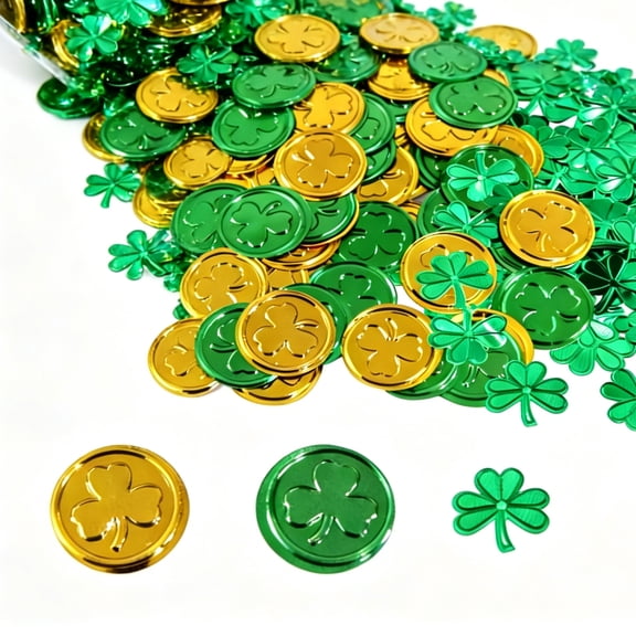 St Patricks Day Table Decorations, 100 Pcs Plastic Good Luck Coins and 1 Oz Shamrock Clover Confetti Table Sprinkles for Irish St Patricks Party Decoration Favors Supplies