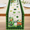 thumbnail image 1 of St Patricks Day Table Runner 108 Inches, Happy St Patrick''s Day Shamrocks Green Truck Hat Burlap Table Runners, Leprechaun Gnomes Holiday Extra Long Dresser Table Cloth Decor for Home Dining Room, 1 of 6