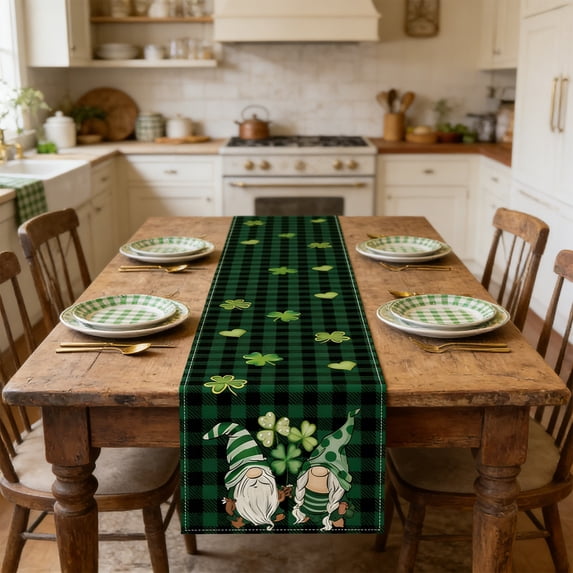St Patricks Day Table Runner 13 x 72 Inch, St Patrick Green Buffalo Plaid Shamrocks Runners for Table Party Home Dinner Decor