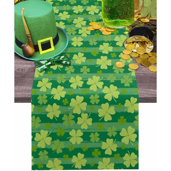 St. Patricks Day Table Runner 13x36 Inches Long Green Lucky Clover Runner for Table Leaves Plant Nature Table Runners Cotton Linen Dresser Scarf for Kitchen Coffee Dining Spring Holiday Party Decor