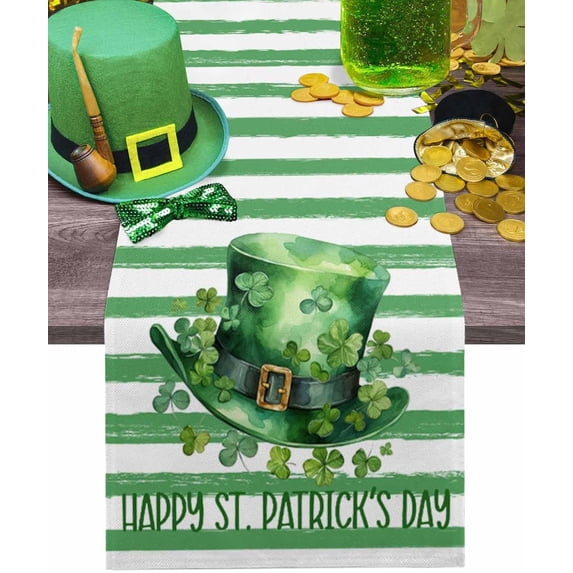 St. Patricks Day Table Runner 13x48 Inches Long Green Clover Hat Runner for Table Green White Stripe Table Runners Cotton Linen Dresser Scarf for Kitchen Coffee Dining Spring Holiday Party Decor