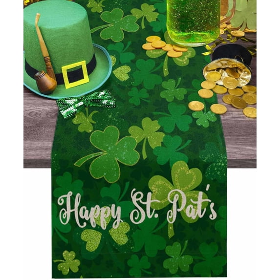 St. Patricks Day Table Runner 13x48 Inches Long Green Clover Runner for Table Leaves Nature Table Runners Cotton Linen Dresser Scarf for Kitchen Coffee Dining Spring Holiday Party Decor