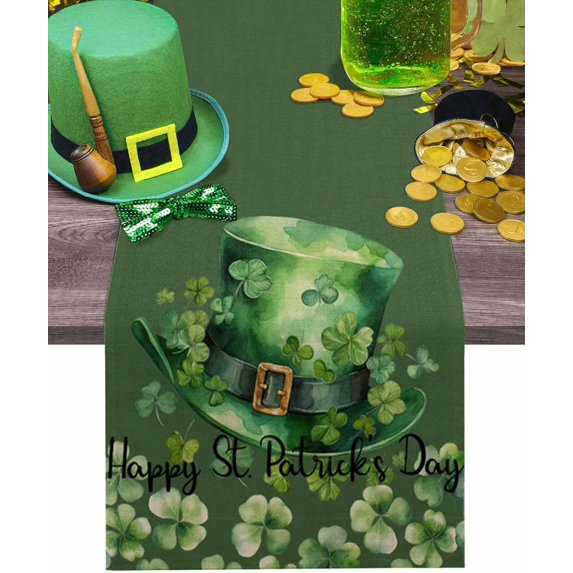 St. Patricks Day Table Runner 13x72 Inches Long Green Clover Hat Runner for Table Green Leaves Table Runners Cotton Linen Dresser Scarf for Kitchen Coffee Dining Spring Holiday Party Decor