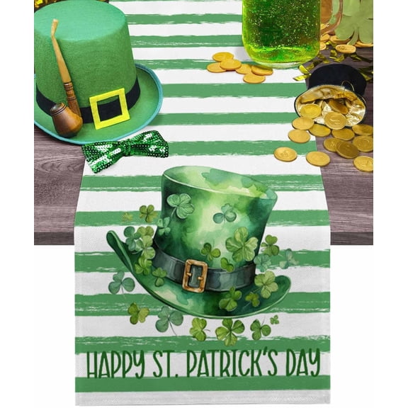 St. Patricks Day Table Runner 13x72 Inches Long Green Clover Hat Runner for Table Green White Stripe Table Runners Cotton Linen Dresser Scarf for Kitchen Coffee Dining Spring Holiday Party Decor