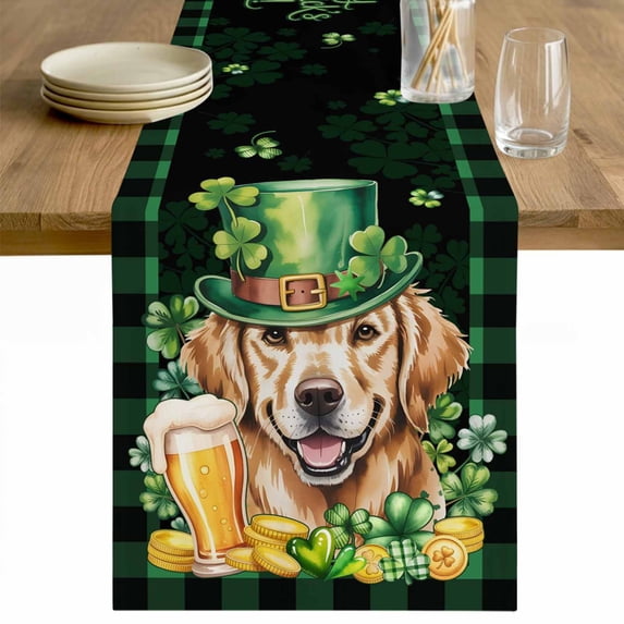St Patricks Day Table Runner - 48 Inch Long Watercolor Dogs Green Shamrock Plaid Cotton and Linen Blended Dress Scarves Farmhouse Table Runner for Kitchen Dining, Coffee Table, 13" x 48"