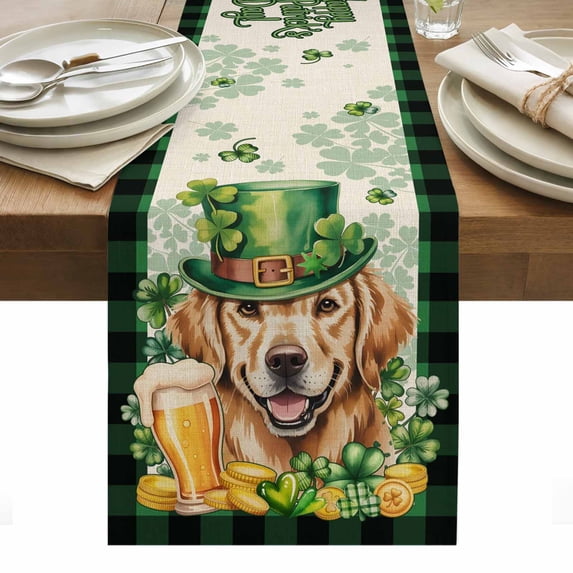 St Patricks Day Table Runner - 60 Inch Long, Kitchen Dining Table Runner Dresser Scarves, Farmhouse Watercolor Dogs Green Shamrock Farmhouse Decor for Coffee Tables Wedding Party Banquet