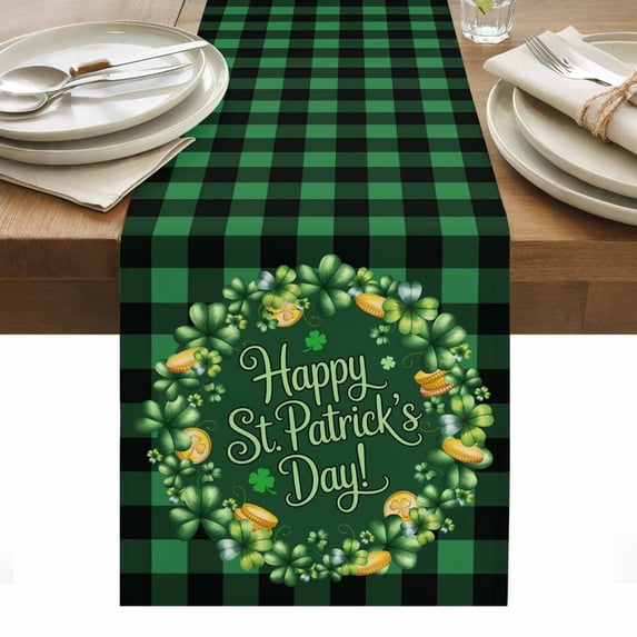 St Patricks Day Table Runner - 60 Inch Long, Kitchen Dining Table Runner Dresser Scarves, Spring Gold Coin Green Shamrock Plaid Farmhouse Decor for Coffee Tables Wedding Party Banquet