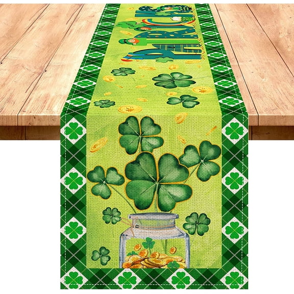 St Patricks Day Table Runner 71 Inches Long, Green Spring St Patricks Table Decor, Burlap Clover Buffalo Plaid Shamrock Irish Decorations for Kitchen Indoor Home Party Dining Room