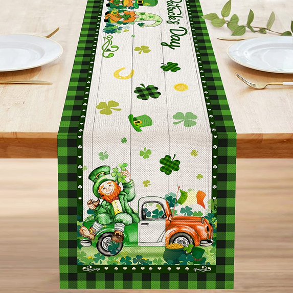 St Patricks Day Table Runner 72 Inch Long, Happy St Patrick's Day Leprechaun Gnomes Burlap Table Runners, Shamrocks Irish Green Truck Hat Holiday Small Table Cloth Decorations for Home Dining Room