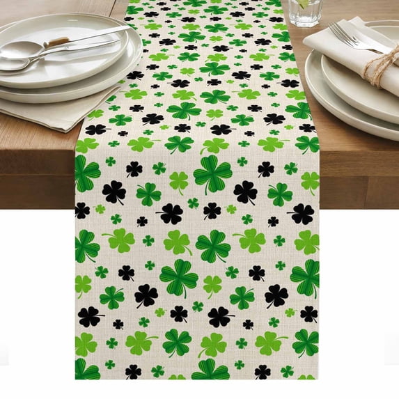 St Patricks Day Table Runner - 72 Inch Long, Kitchen Dining Table Runner Dresser Scarves, Farmhouse Country Green Black Shamrock Farmhouse Decor for Coffee Tables Wedding Party Banquet