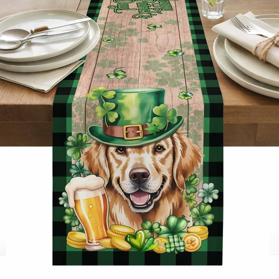 St Patricks Day Table Runner - 72 Inch Long, Kitchen Dining Table Runner Dresser Scarves, Watercolor Dogs Green Shamrock Wood Grain Farmhouse Decor for Coffee Tables Wedding Party Banquet